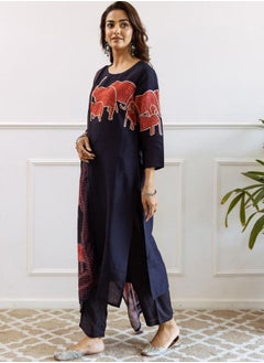 ISHIN Mid Rise Women Navy Blue Muslin Kurta Set with Embroidered pattern Tunic and Palazzo features a Round neckline and Three-Fourth Sleeve secured with Elastic closure and styled in Straight Fit ideal for Festive moments — exude elegance in every glance.  - Image 3
