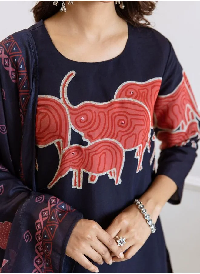 ISHIN Mid Rise Women Navy Blue Muslin Kurta Set with Embroidered pattern Tunic and Palazzo features a Round neckline and Three-Fourth Sleeve secured with Elastic closure and styled in Straight Fit ideal for Festive moments — exude elegance in every glance.