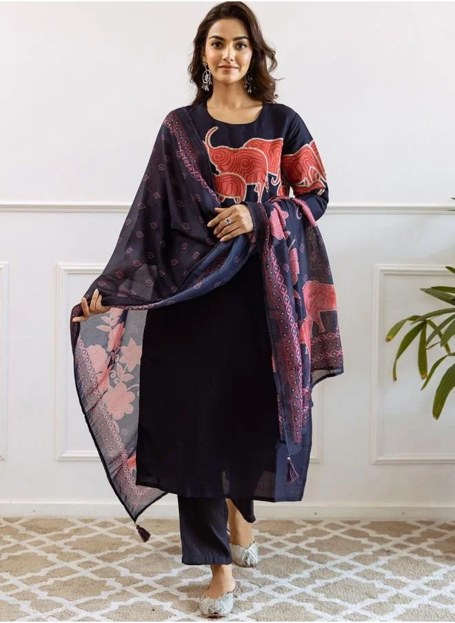 ISHIN Mid Rise Women Navy Blue Muslin Kurta Set with Embroidered pattern Tunic and Palazzo features a Round neckline and Three-Fourth Sleeve secured with Elastic closure and styled in Straight Fit ideal for Festive moments — exude elegance in every glance.