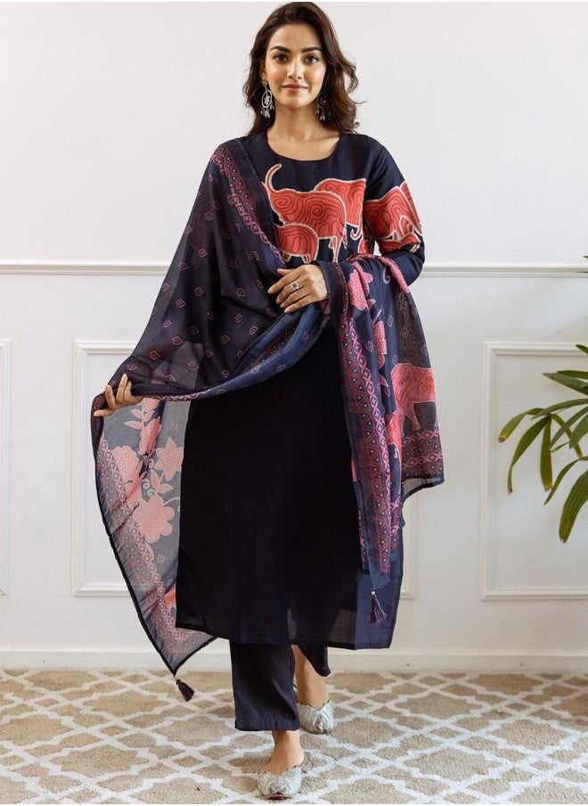ISHIN - Mid Rise Women Navy Blue Muslin Kurta Set with Embroidered pattern Tunic and Palazzo features a Round neckline and Three-Fourth Sleeve secured with Elastic closure and styled in Straight Fit ideal for Festive moments — exude elegance in every glance. - Image 1