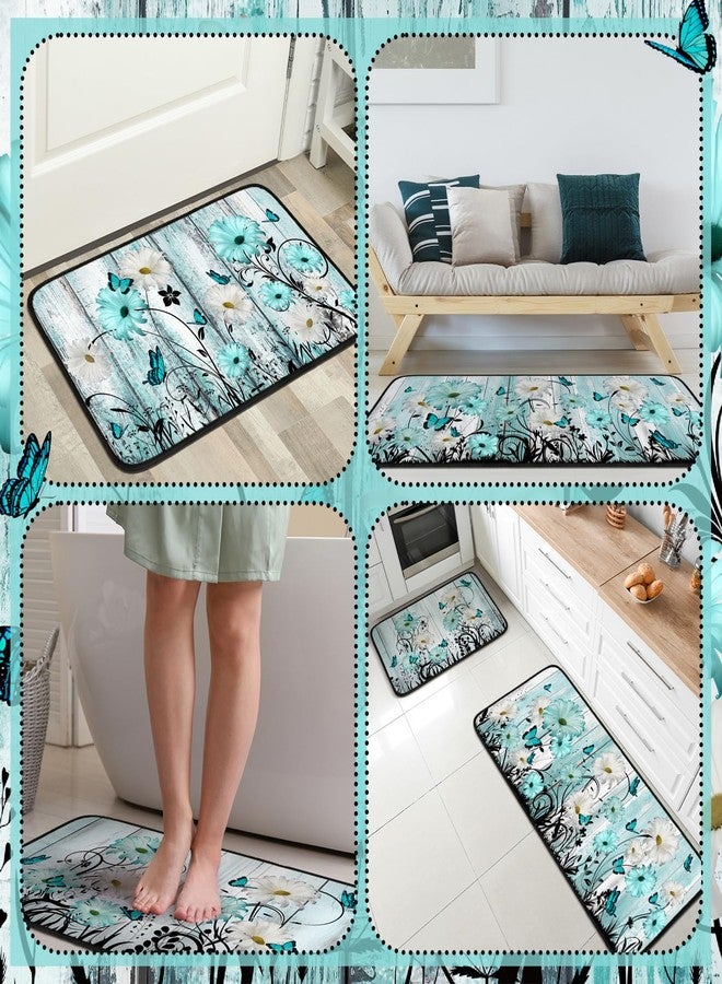 Drydiet 3 Pcs Teal Daisy Kitchen Rugs and Mats Set, Non Slip Waterproof Washable Stain Resistant Summer Floral Floor Mats with Butterfly Print for Kitchen, Bathroom, Laundry Room & Home Decor - Image 5