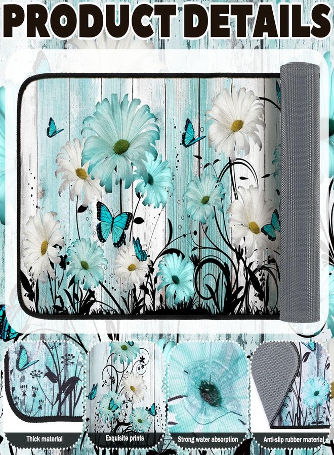 Drydiet 3 Pcs Teal Daisy Kitchen Rugs and Mats Set, Non Slip Waterproof Washable Stain Resistant Summer Floral Floor Mats with Butterfly Print for Kitchen, Bathroom, Laundry Room & Home Decor - Image 2