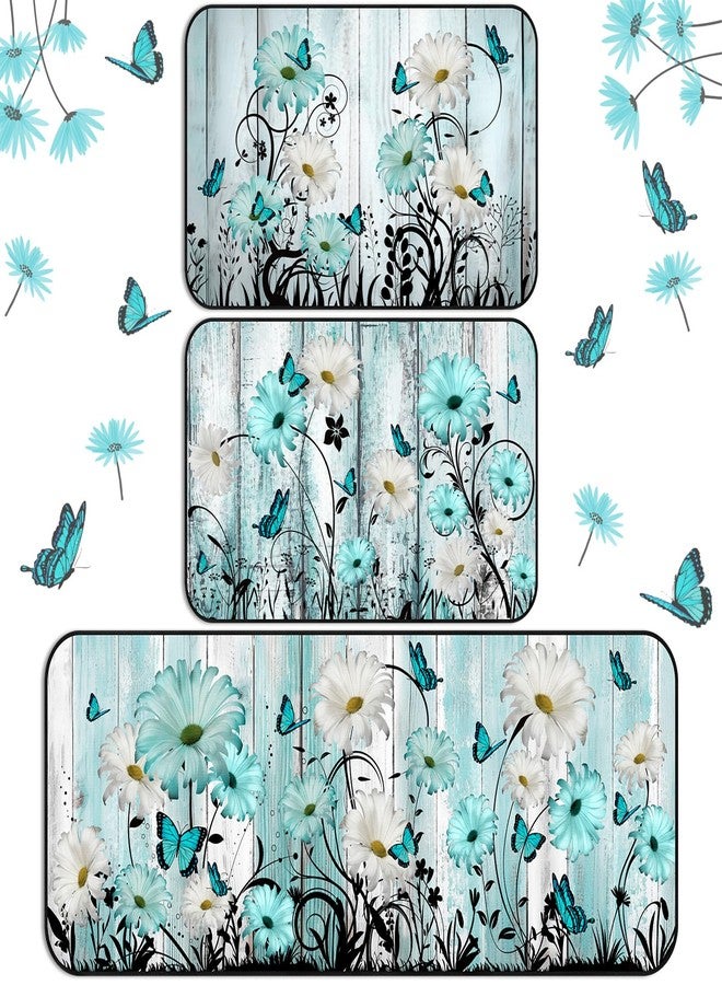 Drydiet 3 Pcs Teal Daisy Kitchen Rugs and Mats Set, Non Slip Waterproof Washable Stain Resistant Summer Floral Floor Mats with Butterfly Print for Kitchen, Bathroom, Laundry Room & Home Decor - Image 1
