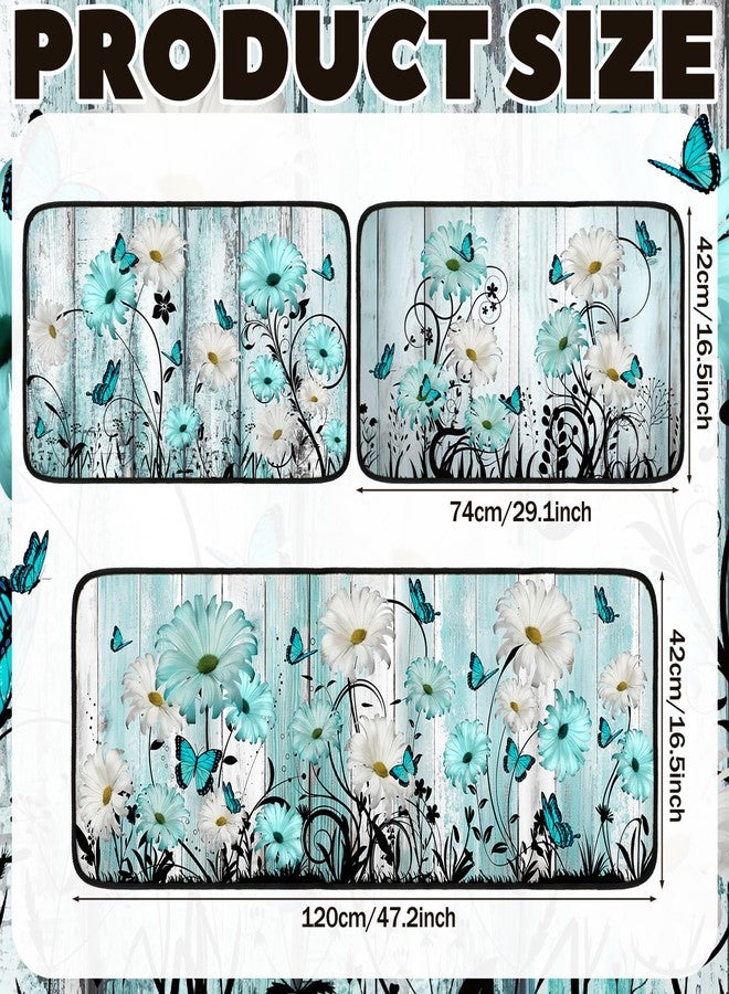 Drydiet 3 Pcs Teal Daisy Kitchen Rugs and Mats Set, Non Slip Waterproof Washable Stain Resistant Summer Floral Floor Mats with Butterfly Print for Kitchen, Bathroom, Laundry Room & Home Decor - Image 3