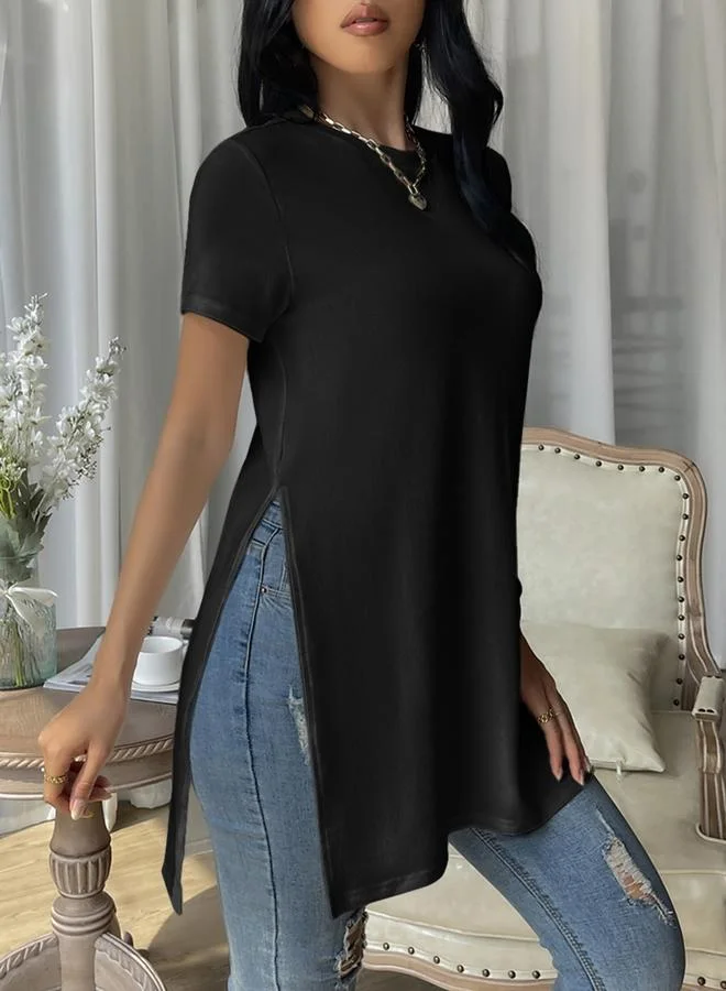 Take Two Black Side-Slit Longline T-Shirt