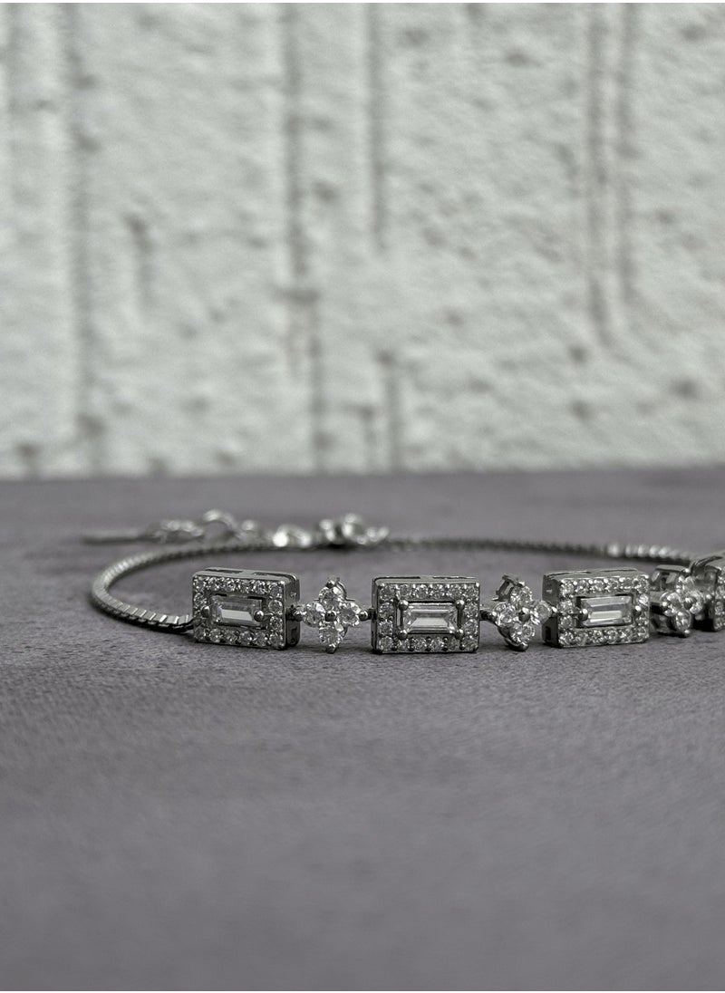 Al Kasr Jewelry Regal Charm Bracelet - Adjustable Sterling Silver 925 with Zircon and Baguette Stones - Plated Rhodium White Gold 18K  - Image 1