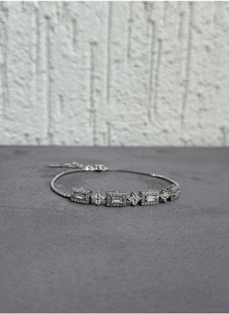 Al Kasr Jewelry Regal Charm Bracelet - Adjustable Sterling Silver 925 with Zircon and Baguette Stones - Plated Rhodium White Gold 18K  - Image 3