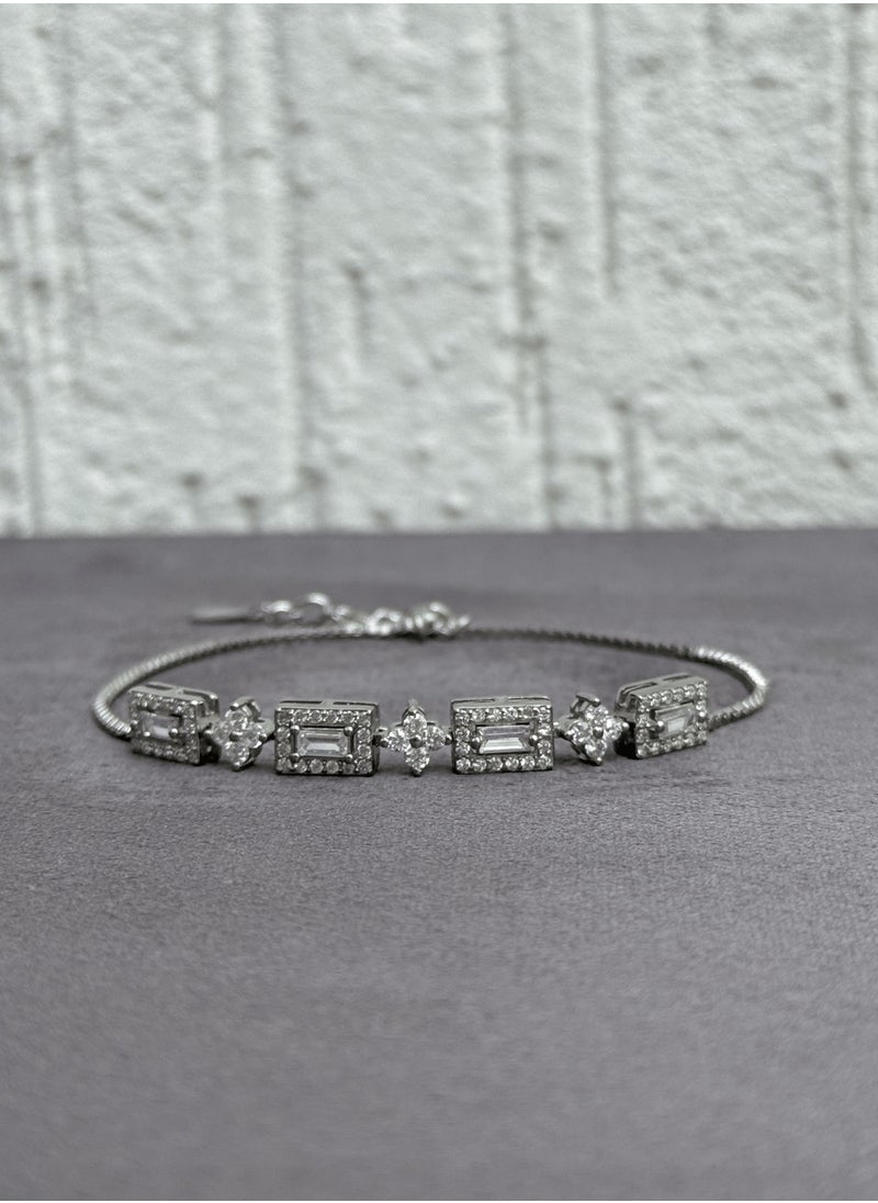Al Kasr Jewelry Regal Charm Bracelet - Adjustable Sterling Silver 925 with Zircon and Baguette Stones - Plated Rhodium White Gold 18K  - Image 2