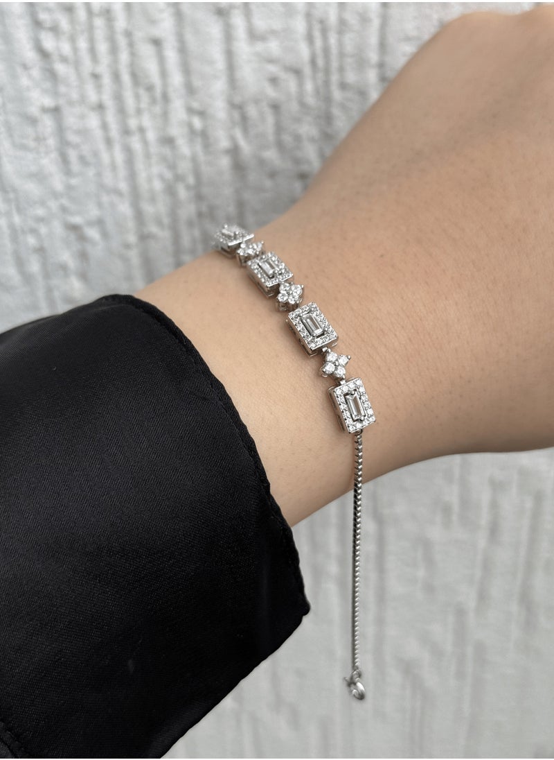Al Kasr Jewelry Regal Charm Bracelet - Adjustable Sterling Silver 925 with Zircon and Baguette Stones - Plated Rhodium White Gold 18K  - Image 4