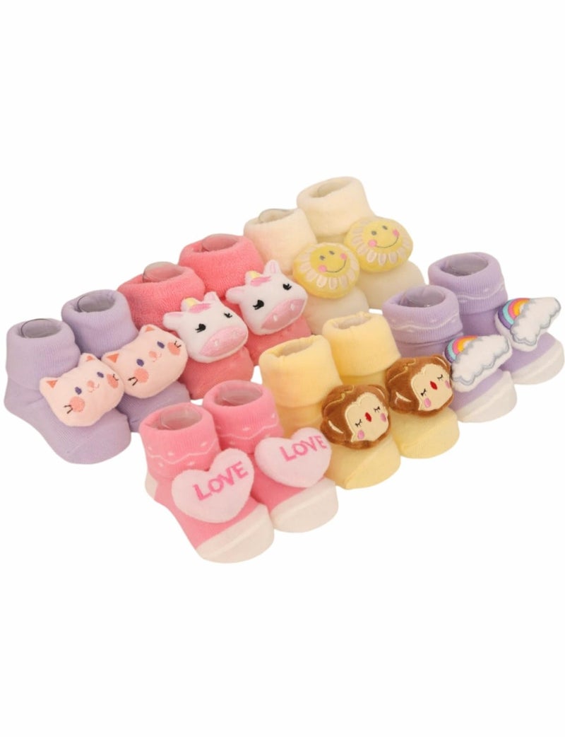 Yellow Bee Playful Monkey, Kitty, Love, Rainbow, Sunflower, and Unicorn Rattle Socks Combo for Girls, Pack of 6- Pink, Purple, Cream and Yellow, 0-12 Months - Image 3