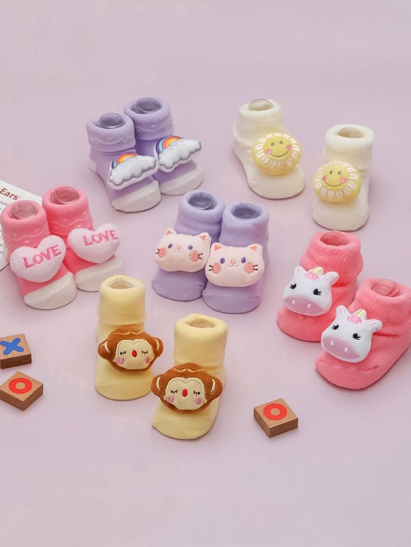 Yellow Bee Playful Monkey, Kitty, Love, Rainbow, Sunflower, and Unicorn Rattle Socks Combo for Girls, Pack of 6- Pink, Purple, Cream and Yellow, 0-12 Months - Image 2