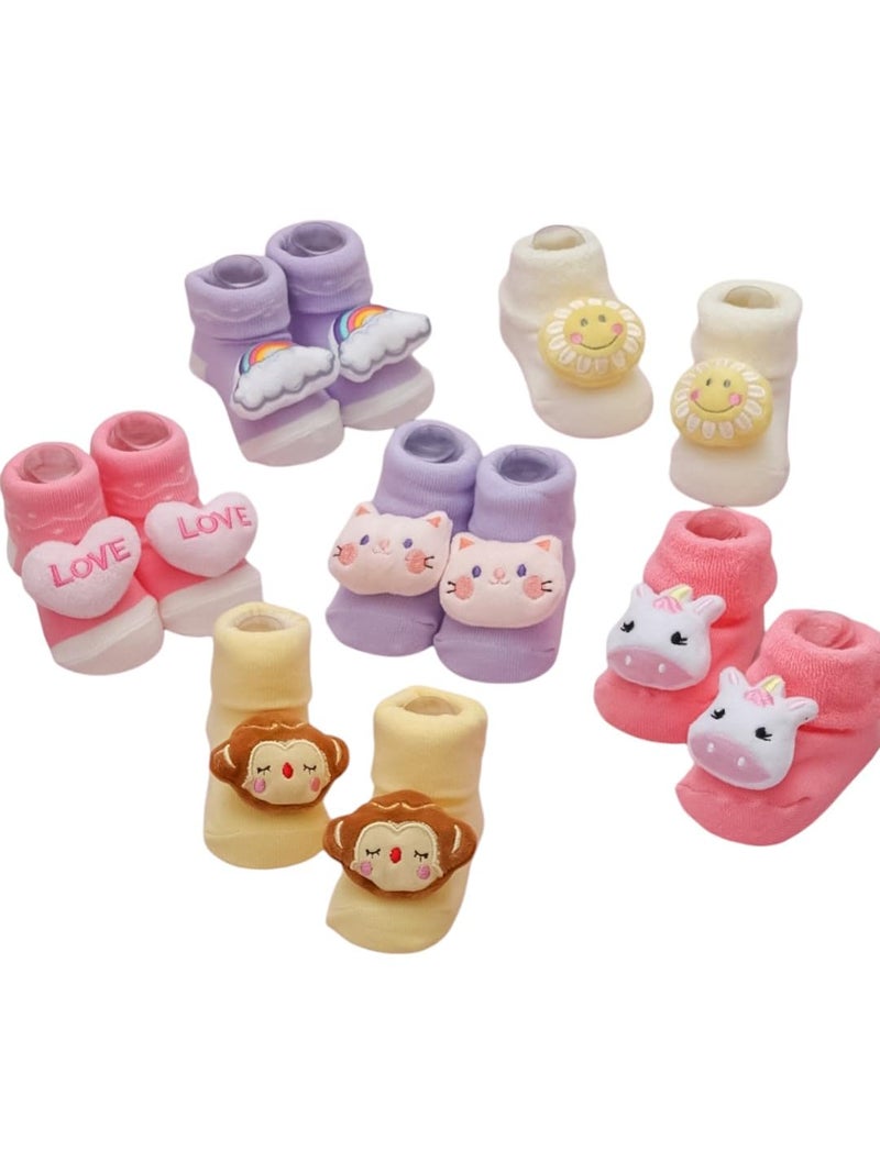 Yellow Bee Playful Monkey, Kitty, Love, Rainbow, Sunflower, and Unicorn Rattle Socks Combo for Girls, Pack of 6- Pink, Purple, Cream and Yellow, 0-12 Months - Image 1