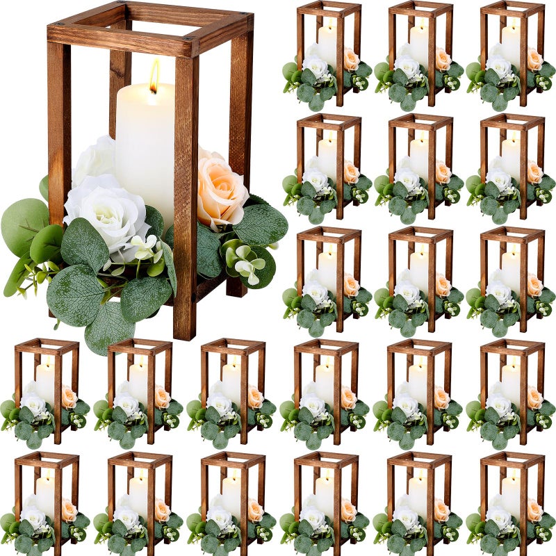 Soaoo 24 Pcs Wooden Candle Lantern Wedding Centerpiece Bulk for Table Rustic Wood Candle Holder Farmhouse Lantern for Wedding Party Baby Shower1059 Inch HighBrown