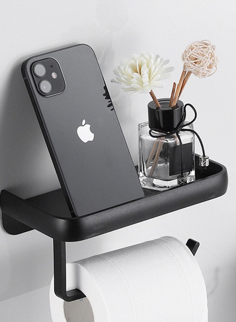 Y&D Toilet Storage Rack Tissue Holder Self Adhesive Bathroom Mobile phone Roll Paper Shelf Perforation-free Aluminum Black - Image 1
