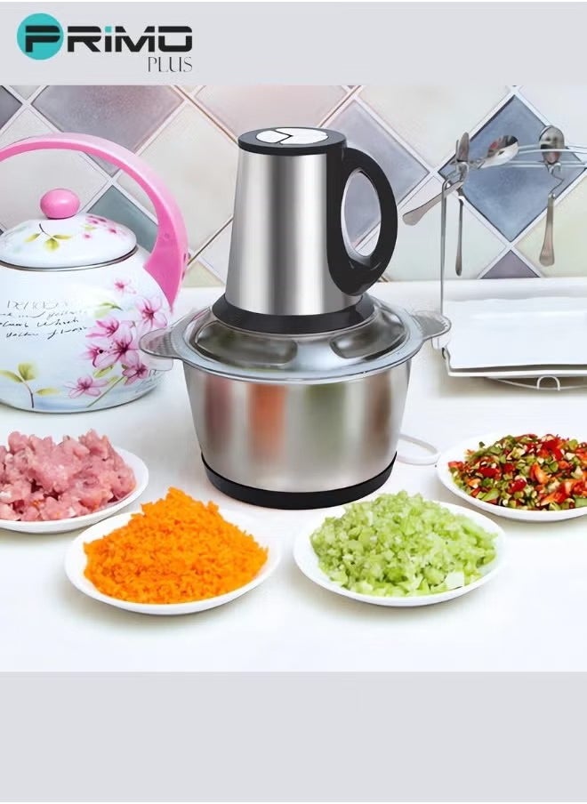 PRIMO PLUS Electric Meat Grinder, Food Processor Blender With 2L Stainless Steel Bowls, Vegetable And Fruit Chopper For Dicing, Mincing, Silver  - Image 1