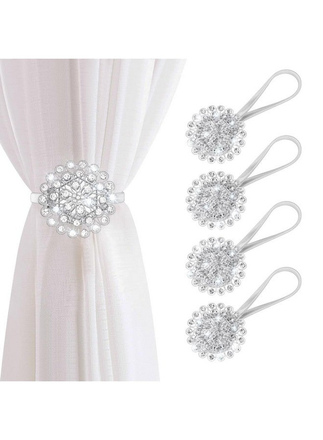 اوليب مشابك ستائر مغناطيسية من AULEEP، مجموعة من 4 مشابك ستائر مغناطيسية مزخرفة من الكريستال، مشبك ستائر، نمط أوروبي وأمريكي (فضي) - Image 1