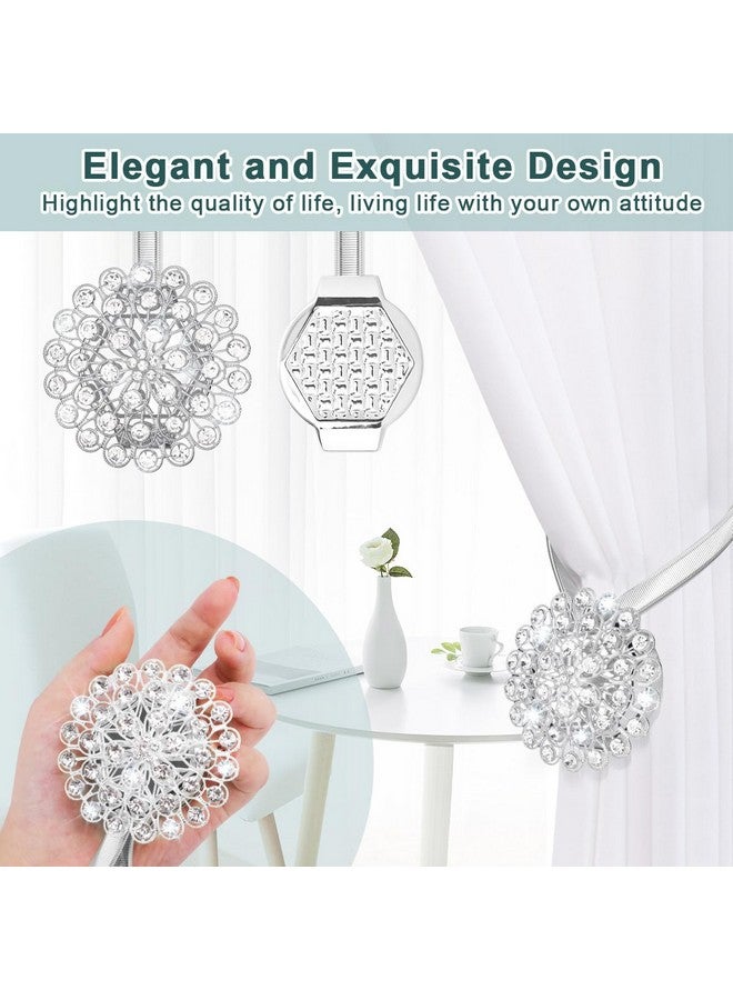 اوليب مشابك ستائر مغناطيسية من AULEEP، مجموعة من 4 مشابك ستائر مغناطيسية مزخرفة من الكريستال، مشبك ستائر، نمط أوروبي وأمريكي (فضي) - Image 5