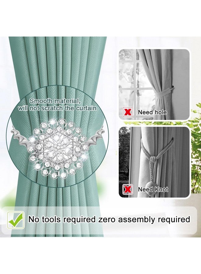 اوليب مشابك ستائر مغناطيسية من AULEEP، مجموعة من 4 مشابك ستائر مغناطيسية مزخرفة من الكريستال، مشبك ستائر، نمط أوروبي وأمريكي (فضي) - Image 4