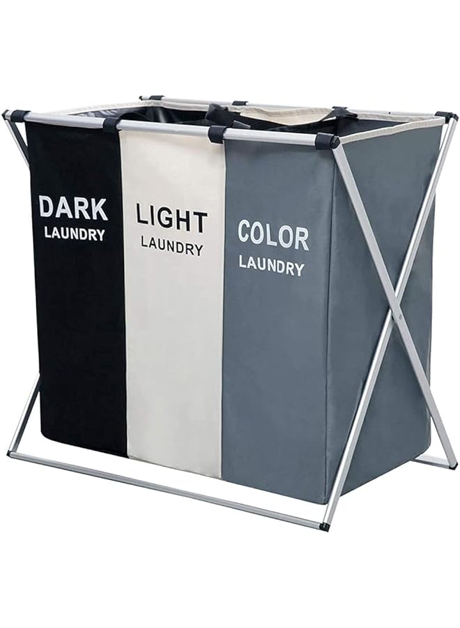 JUZI 3 Section Laundry Basket Printed Dark Light Color Foldable Hamper/Sorter With Waterproof Oxford Bags And Aluminum Frame Washing Clothes Storage For Home Dormitary - Image 1