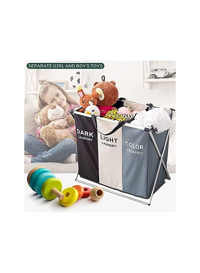 JUZI 3 Section Laundry Basket Printed Dark Light Color Foldable Hamper/Sorter With Waterproof Oxford Bags And Aluminum Frame Washing Clothes Storage For Home Dormitary - Image 2