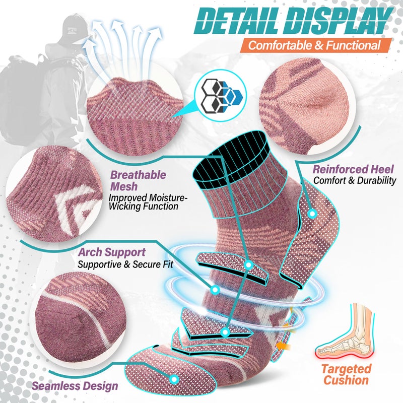 ANTSANG 6 Pairs Merino Wool Quarter Ankle Hiking Running Socks Compression Thermal Thick Cushion Socks for Women Men(Pink Series,M) - Image 4