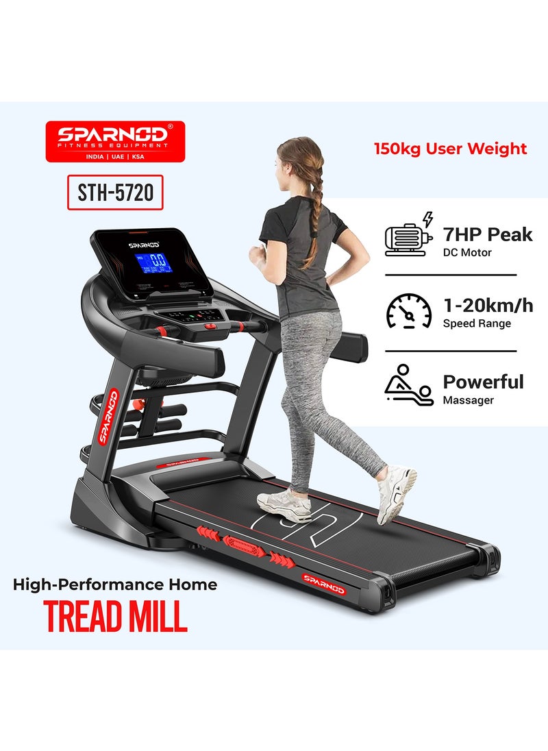Sparnod Fitness STH-5720 Treadmill for Home Foldable | 7HP Peak DC Motor | Auto Incline 22% | 1-20 km/h Speed | 7" LCD Display | Bluetooth Speaker | Hydraulic Fold | Running Machine for Home Exercise  - Image 2