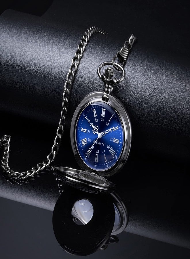 BOSHIYA Pocket Watches for Men Vintage Unique Blue Dial Roman Numerals Scale Black Quartz Pocket Watch with Chain for Christmas Graduation Birthday Gifts, Black Case Blue Dial, Quartz Movement - Image 3
