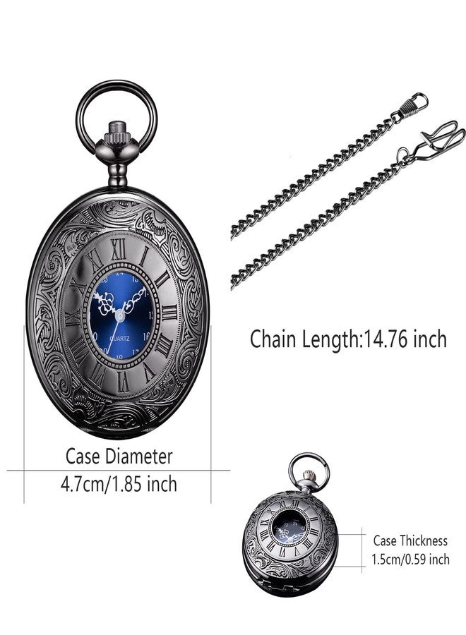 BOSHIYA Pocket Watches for Men Vintage Unique Blue Dial Roman Numerals Scale Black Quartz Pocket Watch with Chain for Christmas Graduation Birthday Gifts, Black Case Blue Dial, Quartz Movement - Image 5