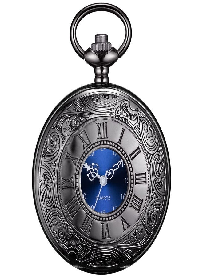 BOSHIYA Pocket Watches for Men Vintage Unique Blue Dial Roman Numerals Scale Black Quartz Pocket Watch with Chain for Christmas Graduation Birthday Gifts, Black Case Blue Dial, Quartz Movement - Image 1