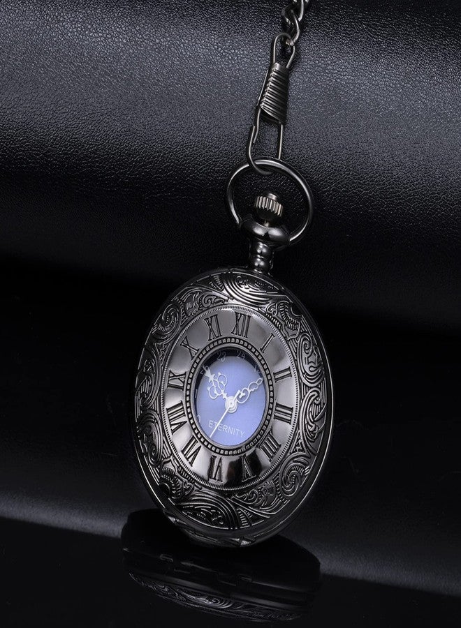 BOSHIYA Pocket Watches for Men Vintage Unique Blue Dial Roman Numerals Scale Black Quartz Pocket Watch with Chain for Christmas Graduation Birthday Gifts, Black Case Blue Dial, Quartz Movement - Image 2