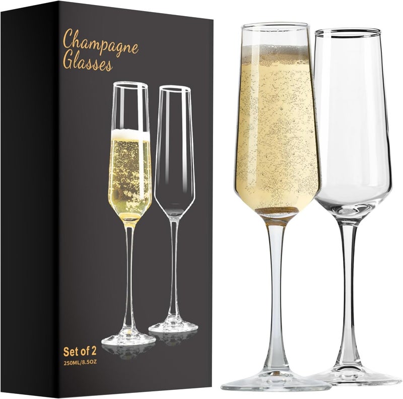 PARACITY Champagne Flutes, Champagne Glasses Set of 2, Elegant 8.5oz Glass Champagne Flutes, Gift for Birthday, Wedding, Christmas, Clear Sparkling Champagne Glasses for Women, Men - Image 1