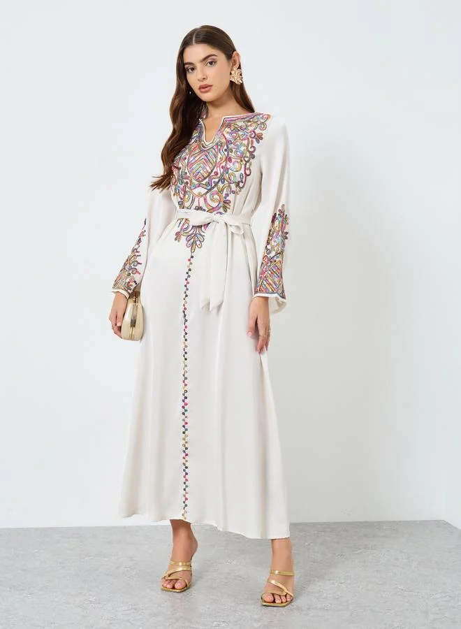 Take Two Sequin Embellished Belted Long Sleeve Jalabiya
