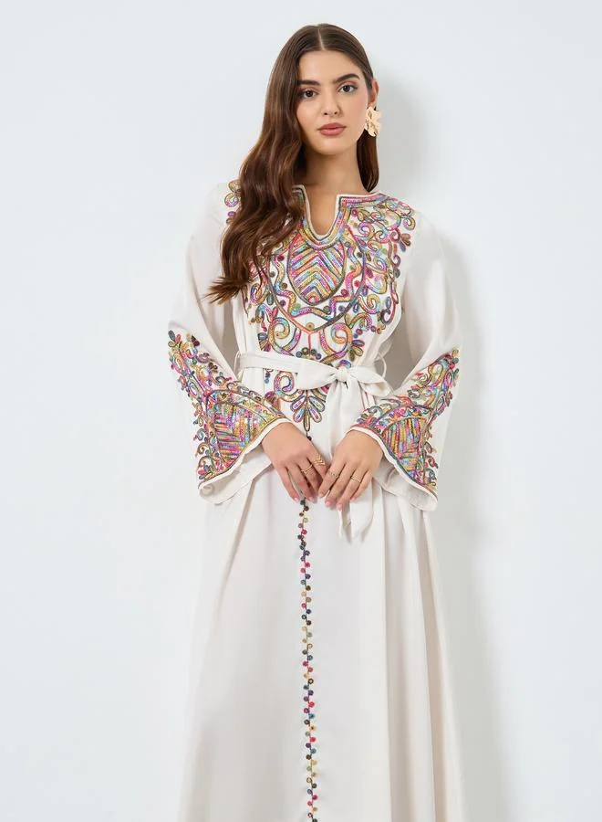Take Two Sequin Embellished Belted Long Sleeve Jalabiya