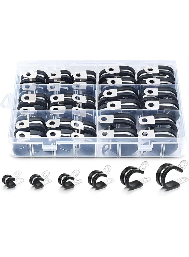 promass 52Pcs Cable Clamp Classification Kit, 6 Specifications - 304 Stainless Steel Rubber Clamp, R-Type Rubber Clamp, Insulation Clamp, Pipe Clamp, Durable Clamp And Wire Clamp - Image 1