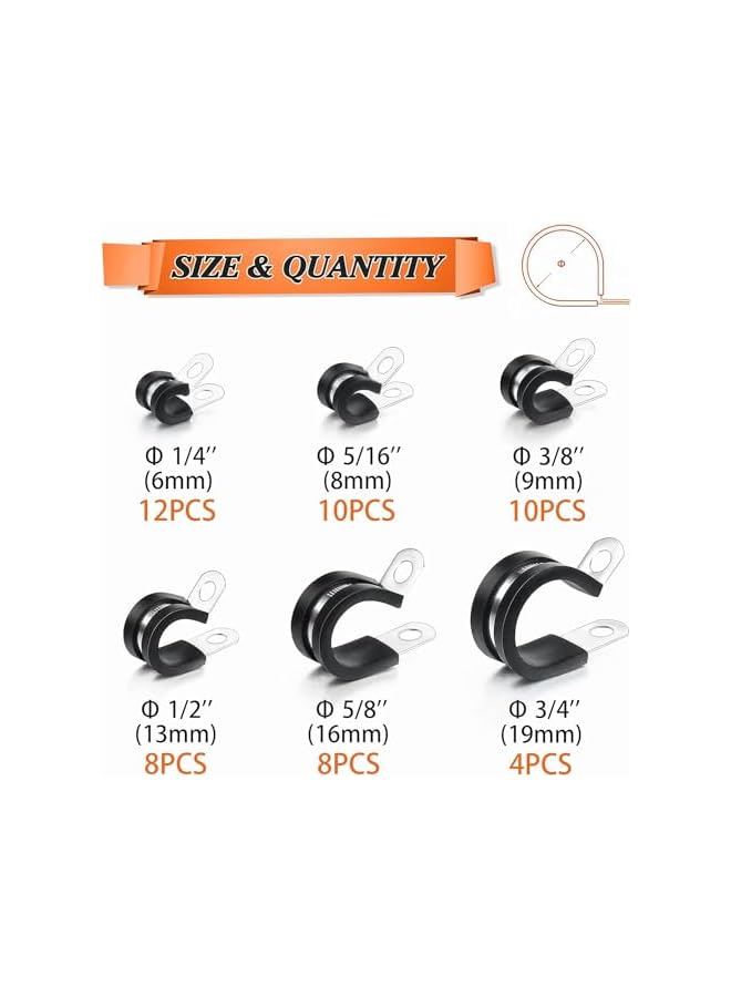 promass 52Pcs Cable Clamp Classification Kit, 6 Specifications - 304 Stainless Steel Rubber Clamp, R-Type Rubber Clamp, Insulation Clamp, Pipe Clamp, Durable Clamp And Wire Clamp - Image 2