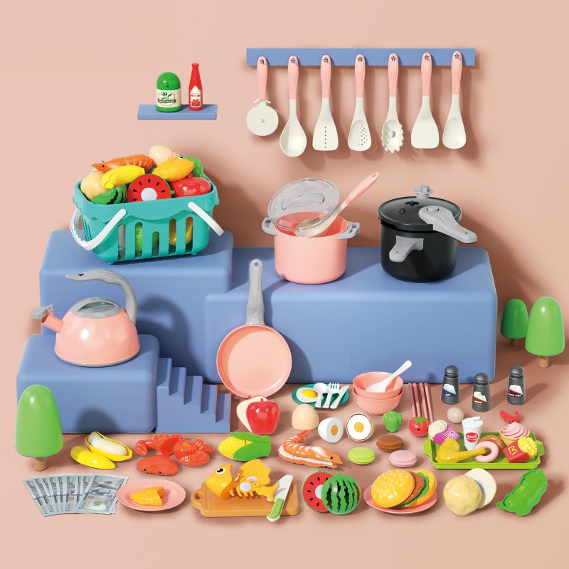 Funpynani 130Pcs Kitchen Playset, Toddler Pretend Cooking Play Pots, Pans, Utensils Cookware, Daily Food Fruit Veges, Shopping Storage Basket, Dessert, Prop Money, Learning Gift for Child (Pink) - Image 3