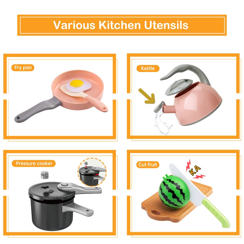 Funpynani 130Pcs Kitchen Playset, Toddler Pretend Cooking Play Pots, Pans, Utensils Cookware, Daily Food Fruit Veges, Shopping Storage Basket, Dessert, Prop Money, Learning Gift for Child (Pink) - Image 4