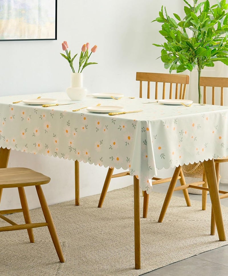 wolpin Polyvinyl Chloride Pvc Dining Rectangular Table Cover & 4 Seater Center Table Cloth - Green Daisy Flower Print Oil Proof, Waterproof - Image 3