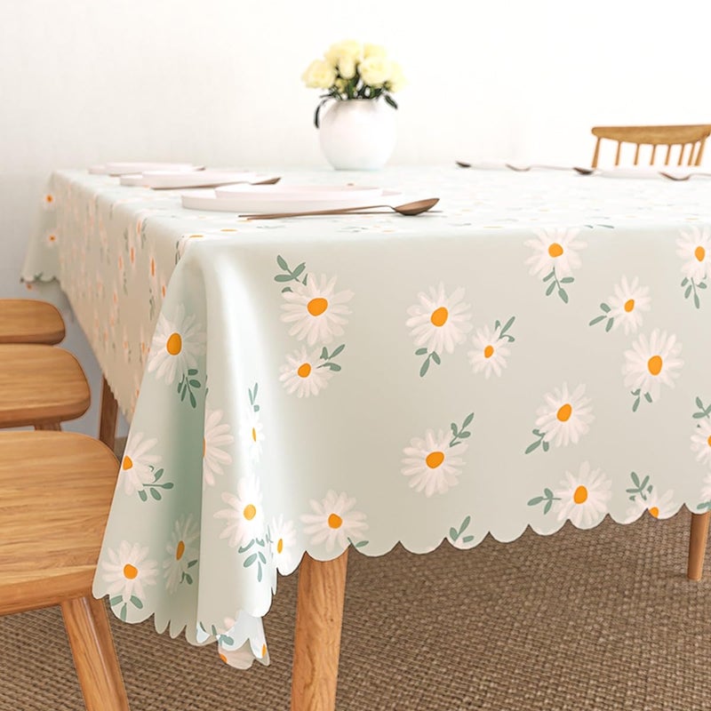 wolpin Polyvinyl Chloride Pvc Dining Rectangular Table Cover & 4 Seater Center Table Cloth - Green Daisy Flower Print Oil Proof, Waterproof - Image 1