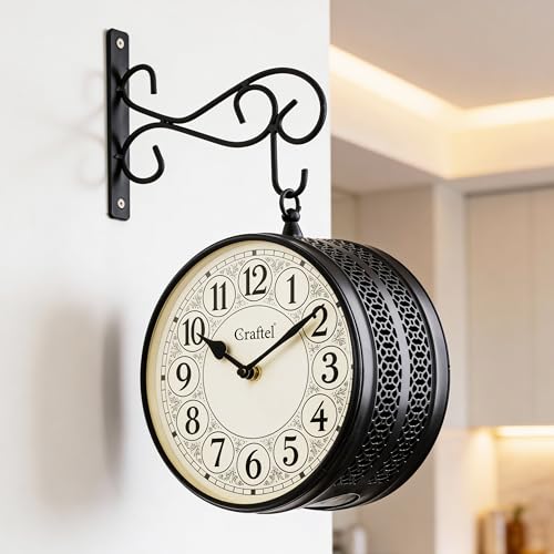 CRAFTEL Double Sided Station Wall Clock Powder Coated Finish | English Roman Numerals | Aluminum Matte-Finish Dial Brass Body | Dial - 8 Inches, Matte Black | 365 Days Warranty - Image 1