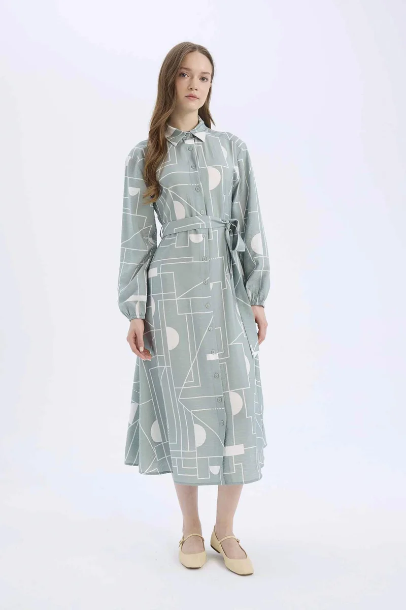 ديفاكتو Shirt Collar Patterned Aerobin Belted Midi Dress