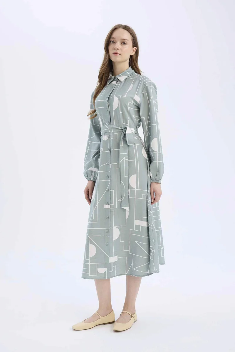 ديفاكتو Shirt Collar Patterned Aerobin Belted Midi Dress