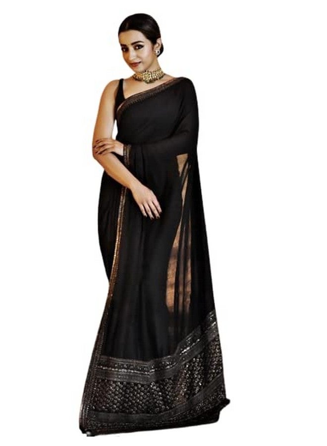 Georgette Girl'S Fashiopn Hub'S Designer Black Color Saree  - Image 1