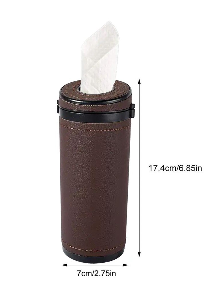 CARONIC 1 Pcs Cylinder Tissue Box for Car, Leather Tissue Box Holder ,Car Interior Leather Tissue Cup Brown  - Image 2