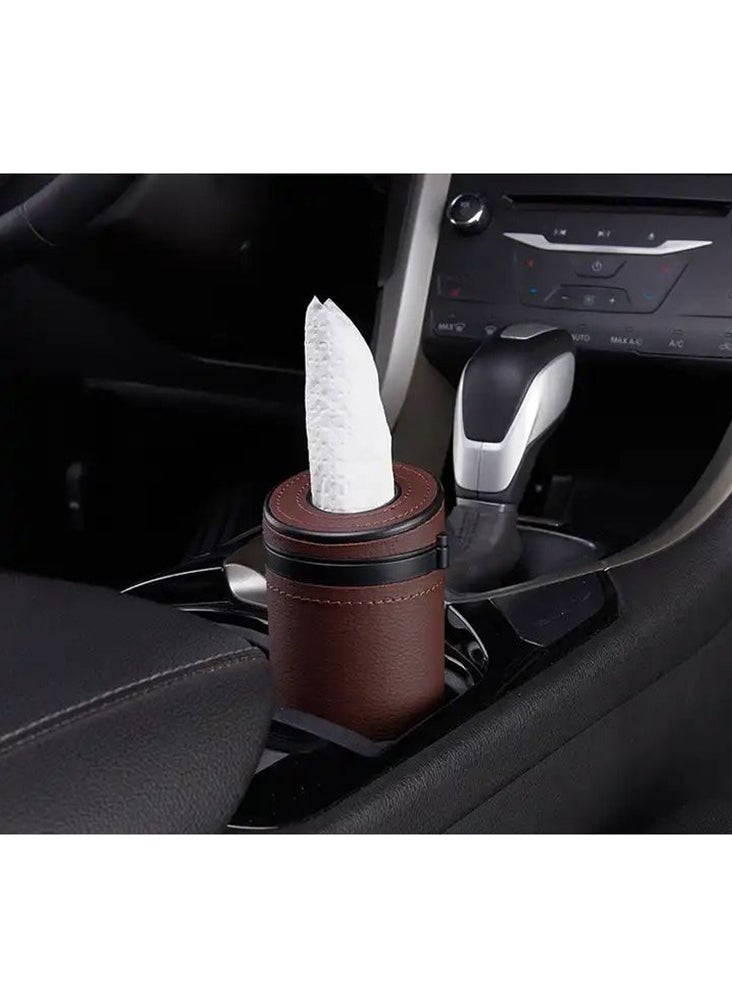 CARONIC 1 Pcs Cylinder Tissue Box for Car, Leather Tissue Box Holder ,Car Interior Leather Tissue Cup Brown  - Image 3