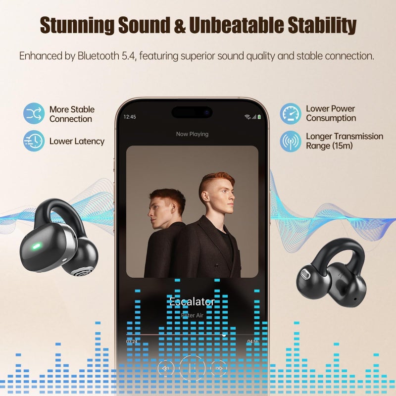 Fhumsh Open Ear Headphones, Bluetooth 5.4 Clip On Headphones, 40H Playtime Wireless Stereo Earbuds with LED Digital Display, Lightweight Stylish Open Earphones for Daily Use, Commuting and Travel Relax - Image 2