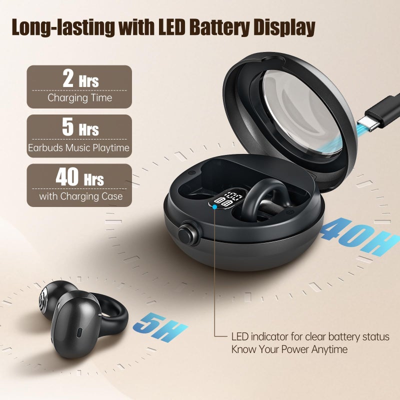 Fhumsh Open Ear Headphones, Bluetooth 5.4 Clip On Headphones, 40H Playtime Wireless Stereo Earbuds with LED Digital Display, Lightweight Stylish Open Earphones for Daily Use, Commuting and Travel Relax - Image 4