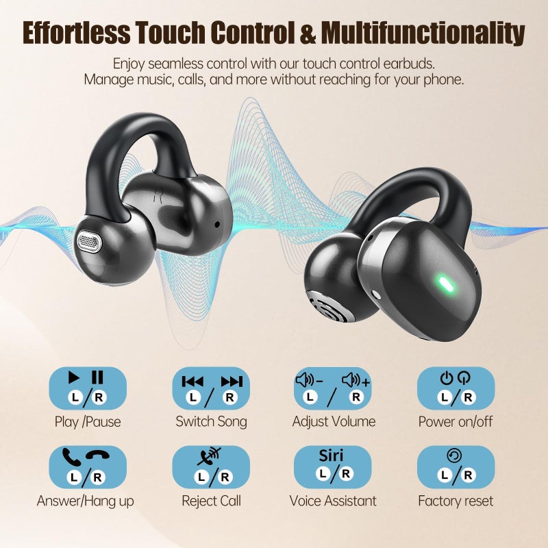 Fhumsh Open Ear Headphones, Bluetooth 5.4 Clip On Headphones, 40H Playtime Wireless Stereo Earbuds with LED Digital Display, Lightweight Stylish Open Earphones for Daily Use, Commuting and Travel Relax - Image 5