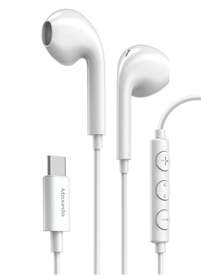Moxedo - Moxedo Wired Stereo Earphone USB Type-C Connector Earphone with In-Line Remote, Built-in Microphone for iPhone 15/15 Plus/15 Pro/15 Pro Max/S24Ultra/S23/S23 Ultra/S22/S22 Ultra/S21 (White) - Image 1