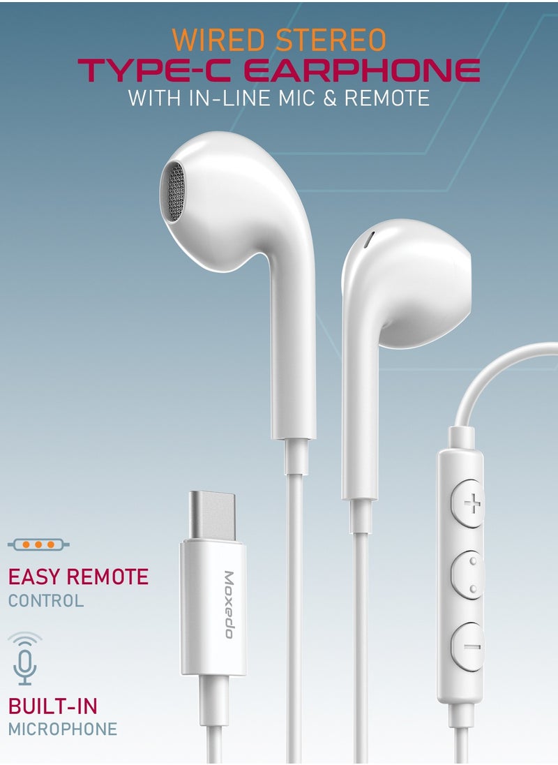 Moxedo - Moxedo Wired Stereo Earphone USB Type-C Connector Earphone with In-Line Remote, Built-in Microphone for iPhone 15/15 Plus/15 Pro/15 Pro Max/S24Ultra/S23/S23 Ultra/S22/S22 Ultra/S21 (White) - Image 1